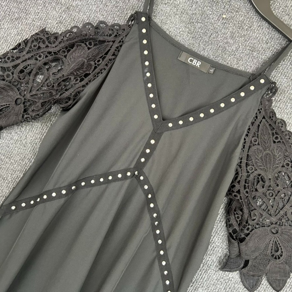 CBR Women's Dress Short Black Studded Lace Open Shoulder Sz Large Goth Whimsy